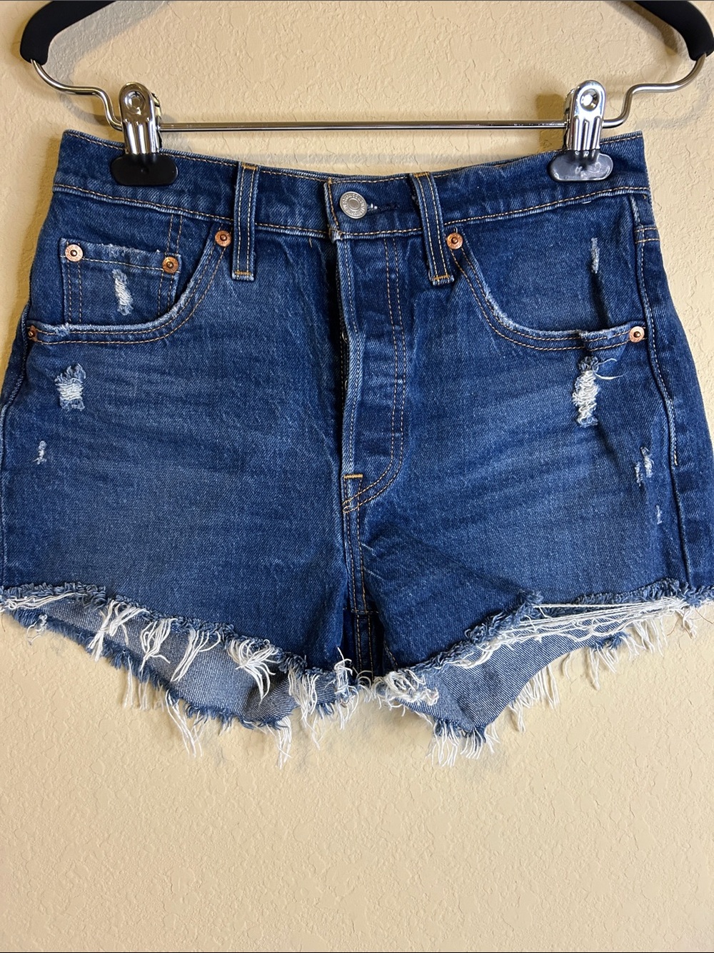 Levi's Dark Blue Distressed Denim Cutoff Shorts Size 26”Waist
